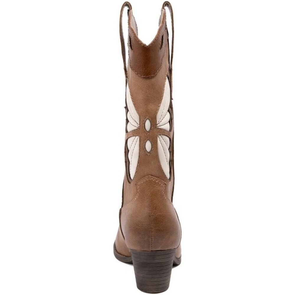 Women's Brown Perforated Leather Design Mid Calf Pointed Toe Block Heel Boot - Picture 3 of 6